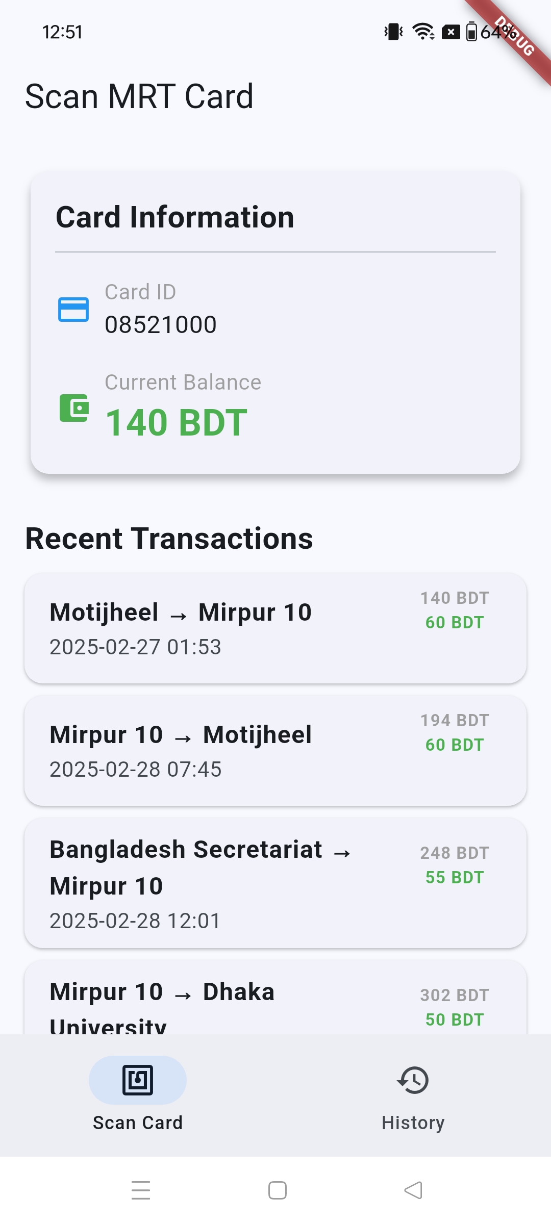 MRT Card Reader Flutter demo showing scan status, current balance, and transaction history